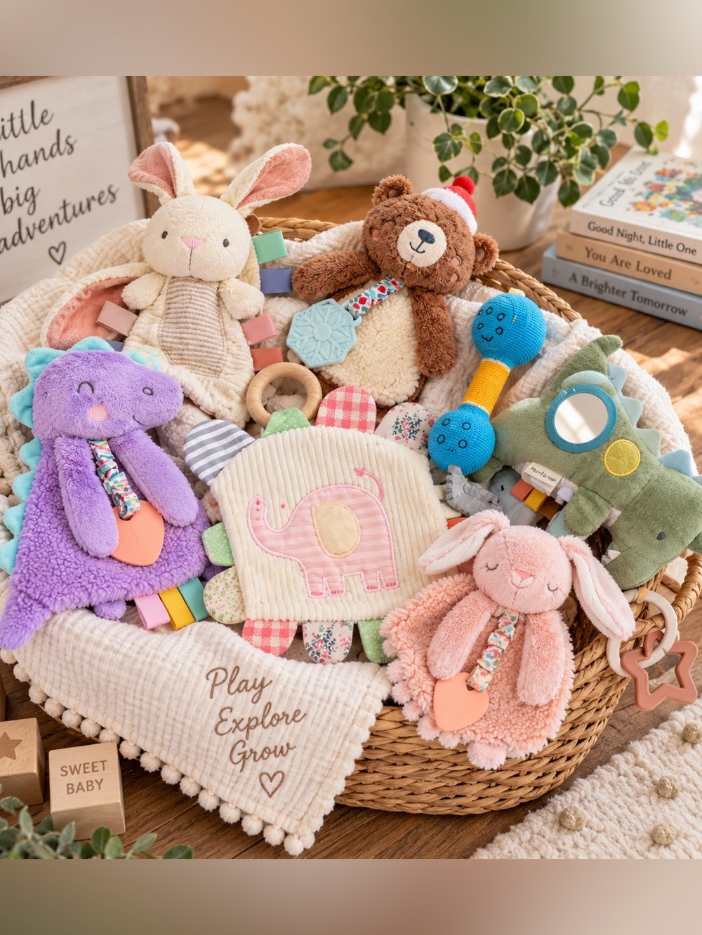 Itzy Ritzy Baby Sensory Toy Lot 7pc Teether Lovey Crinkle Blanket Dino Bunny